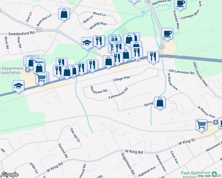 map of restaurants, bars, coffee shops, grocery stores, and more near 68 Village Way in Malvern