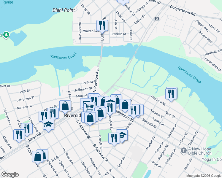 map of restaurants, bars, coffee shops, grocery stores, and more near 101 Filmore Street in Riverside