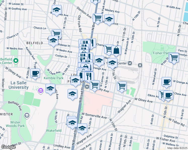 map of restaurants, bars, coffee shops, grocery stores, and more near 5715 North Park Avenue in Philadelphia