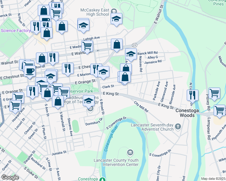 map of restaurants, bars, coffee shops, grocery stores, and more near 937 East King Street in Lancaster