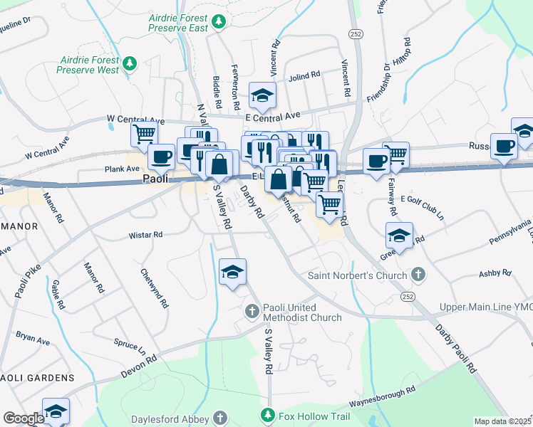 map of restaurants, bars, coffee shops, grocery stores, and more near 45 Darby Road in Paoli