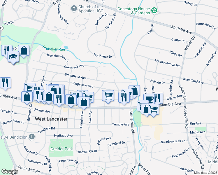 map of restaurants, bars, coffee shops, grocery stores, and more near 1609 Wheatland Avenue in Lancaster