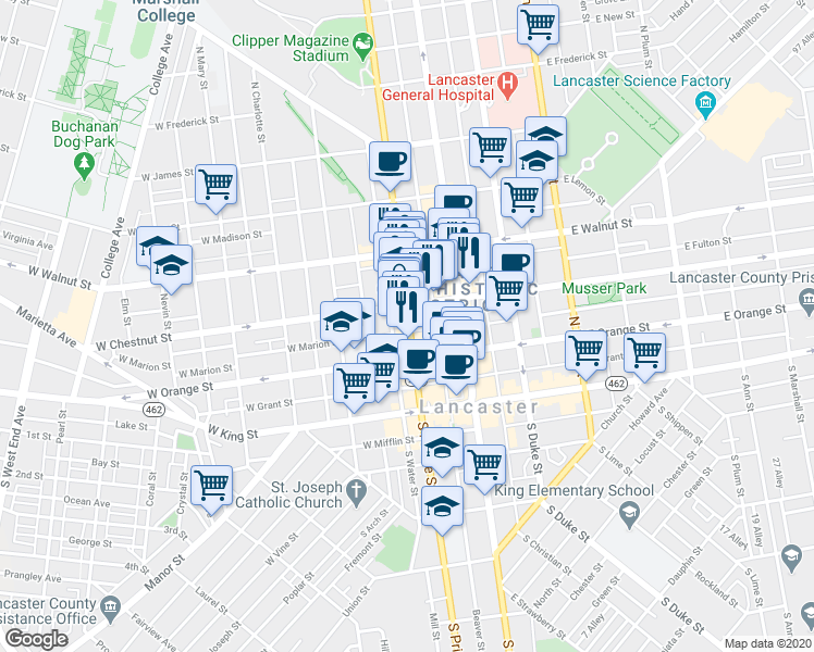 map of restaurants, bars, coffee shops, grocery stores, and more near 132 North Prince Street in Lancaster