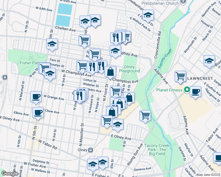 map of restaurants, bars, coffee shops, grocery stores, and more near 5916 North Water Street in Philadelphia