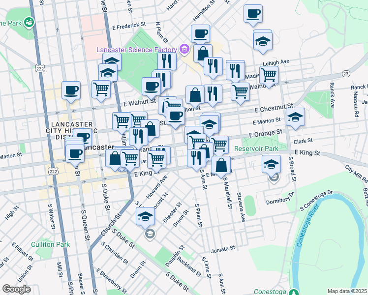 map of restaurants, bars, coffee shops, grocery stores, and more near 420 East Orange Street in Lancaster