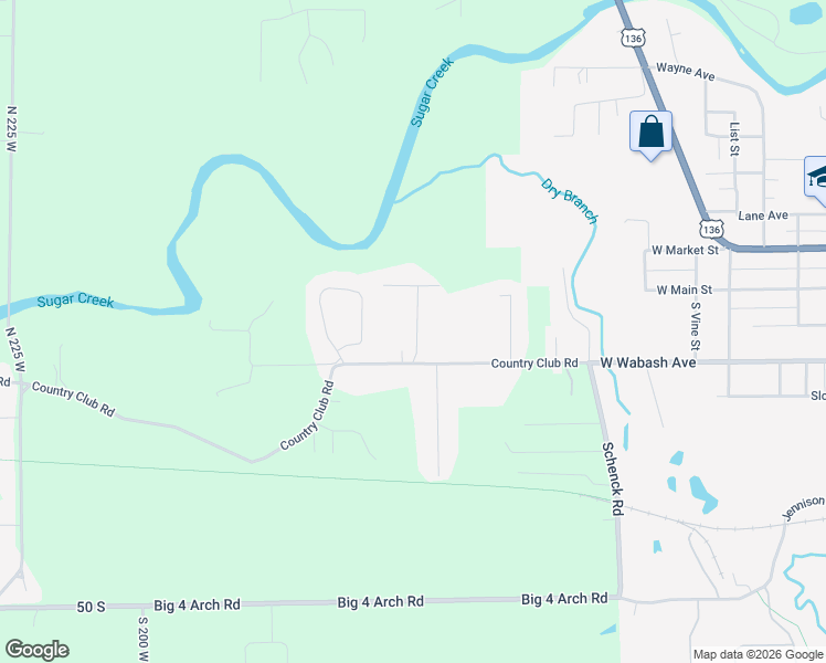 map of restaurants, bars, coffee shops, grocery stores, and more near 107 Deer Cliff Drive in Crawfordsville