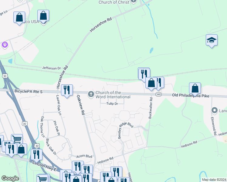 map of restaurants, bars, coffee shops, grocery stores, and more near 2161 Old Philadelphia Pike in Lancaster