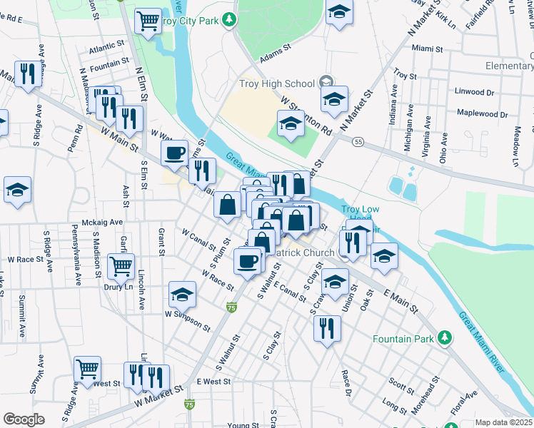map of restaurants, bars, coffee shops, grocery stores, and more near 20 North Cherry Street in Troy