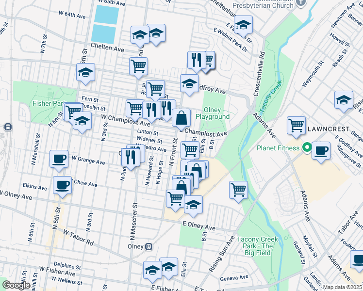 map of restaurants, bars, coffee shops, grocery stores, and more near 5916 North Water Street in Philadelphia