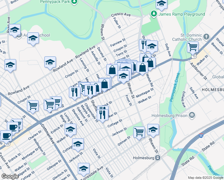 map of restaurants, bars, coffee shops, grocery stores, and more near 7807 Frankford Avenue in Philadelphia