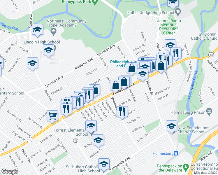 map of restaurants, bars, coffee shops, grocery stores, and more near 3532 Lansing Street in Philadelphia