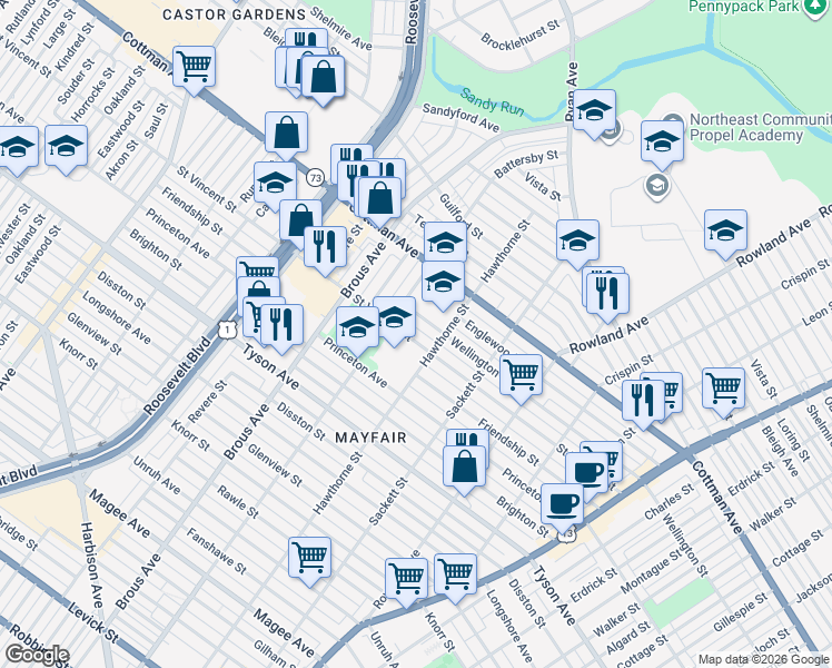 map of restaurants, bars, coffee shops, grocery stores, and more near 3010 Wellington Street in Philadelphia