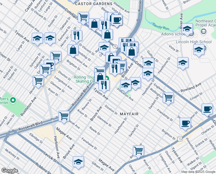 map of restaurants, bars, coffee shops, grocery stores, and more near 2842 Saint Vincent Street in Philadelphia
