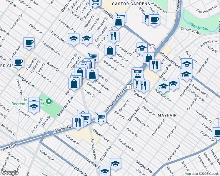 map of restaurants, bars, coffee shops, grocery stores, and more near 2200 Disston Street in Philadelphia