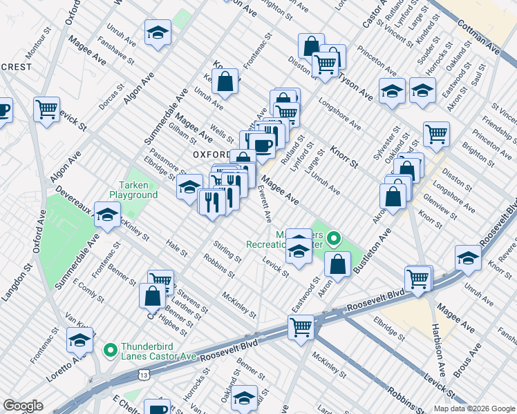 map of restaurants, bars, coffee shops, grocery stores, and more near 6515 Castor Avenue in Philadelphia