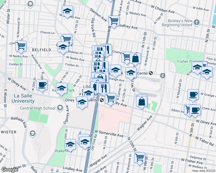 map of restaurants, bars, coffee shops, grocery stores, and more near 5736 North 13th Street in Philadelphia