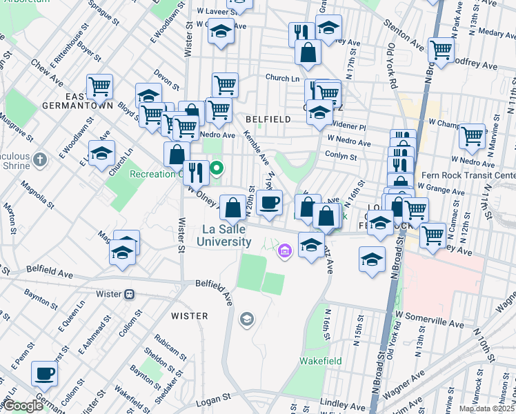 map of restaurants, bars, coffee shops, grocery stores, and more near 5636 North Uber Street in Philadelphia