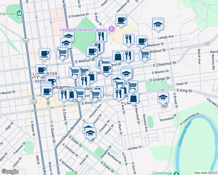 map of restaurants, bars, coffee shops, grocery stores, and more near 117 North Plum Street in Lancaster