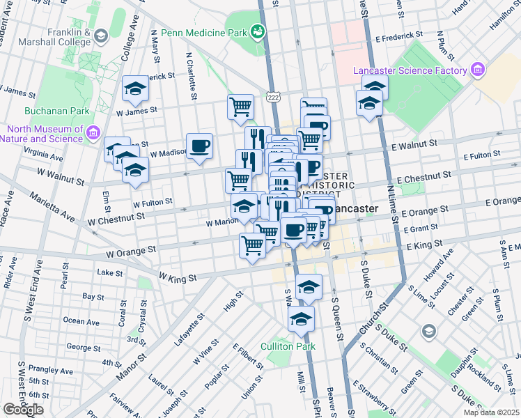 map of restaurants, bars, coffee shops, grocery stores, and more near 213 West Chestnut Street in Lancaster