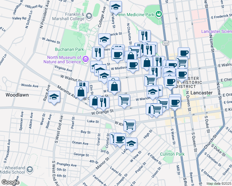 map of restaurants, bars, coffee shops, grocery stores, and more near 519 West Chestnut Street in Lancaster