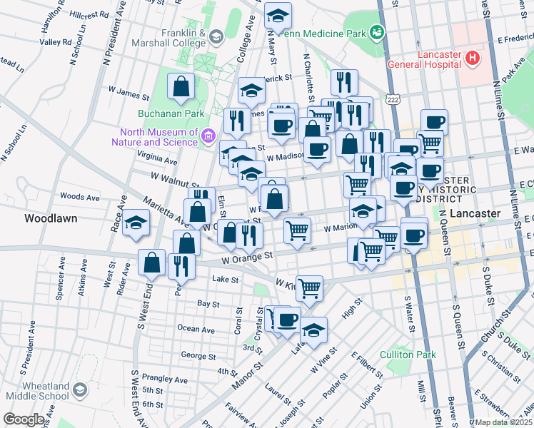 map of restaurants, bars, coffee shops, grocery stores, and more near 240 North Pine Street in Lancaster