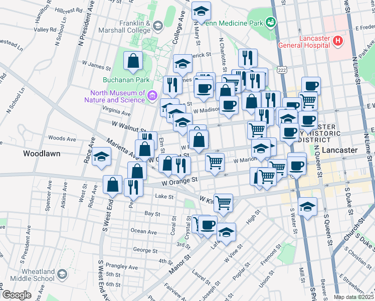 map of restaurants, bars, coffee shops, grocery stores, and more near 240 North Pine Street in Lancaster