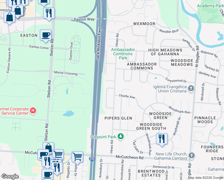 map of restaurants, bars, coffee shops, grocery stores, and more near 4385 Biscayne Court in Gahanna