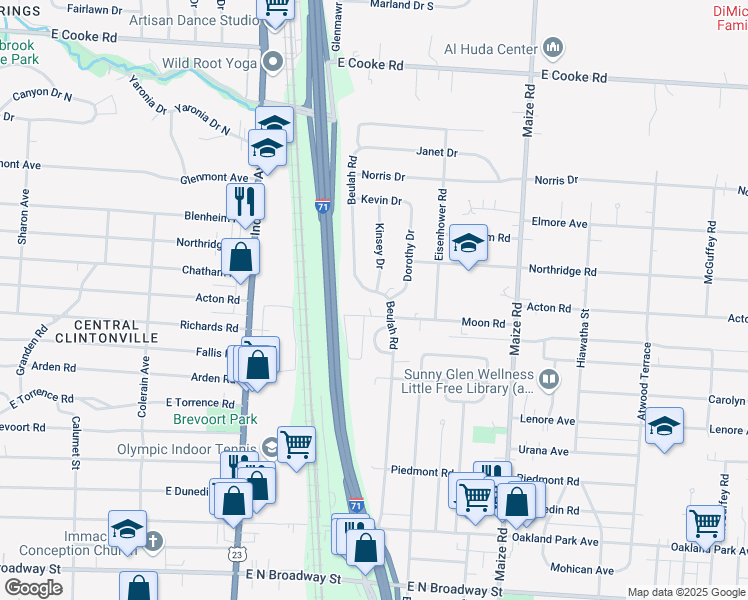 map of restaurants, bars, coffee shops, grocery stores, and more near 3733 Kinsey Drive in Columbus