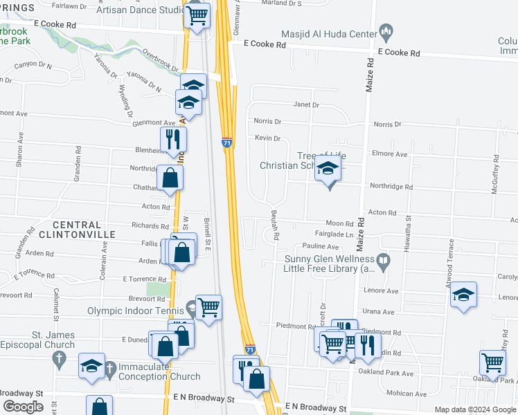 map of restaurants, bars, coffee shops, grocery stores, and more near 3733 Kinsey Drive in Columbus