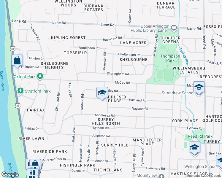 map of restaurants, bars, coffee shops, grocery stores, and more near 2333 McCoy Road in Columbus