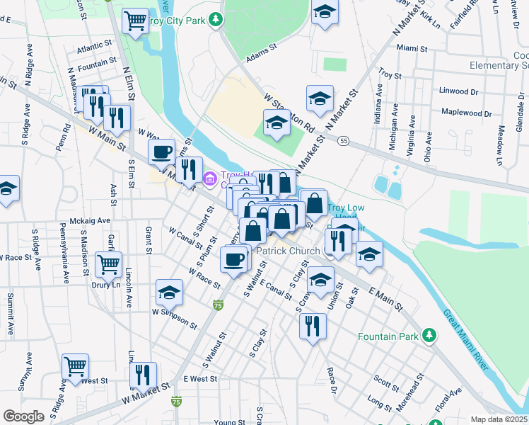 map of restaurants, bars, coffee shops, grocery stores, and more near 104 North Market Street in Troy