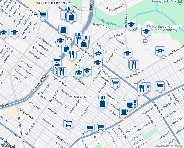 map of restaurants, bars, coffee shops, grocery stores, and more near 3010 Wellington Street in Philadelphia