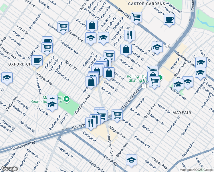 map of restaurants, bars, coffee shops, grocery stores, and more near 2130 Glenview Street in Philadelphia