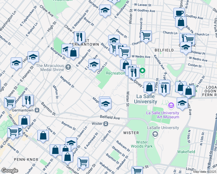 map of restaurants, bars, coffee shops, grocery stores, and more near 700 Church Lane in Philadelphia