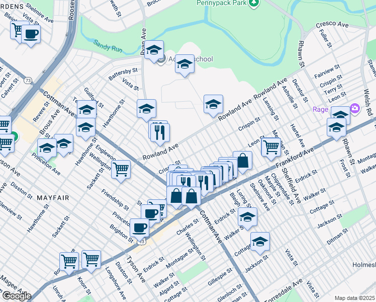 map of restaurants, bars, coffee shops, grocery stores, and more near 3324 Tudor Street in Philadelphia