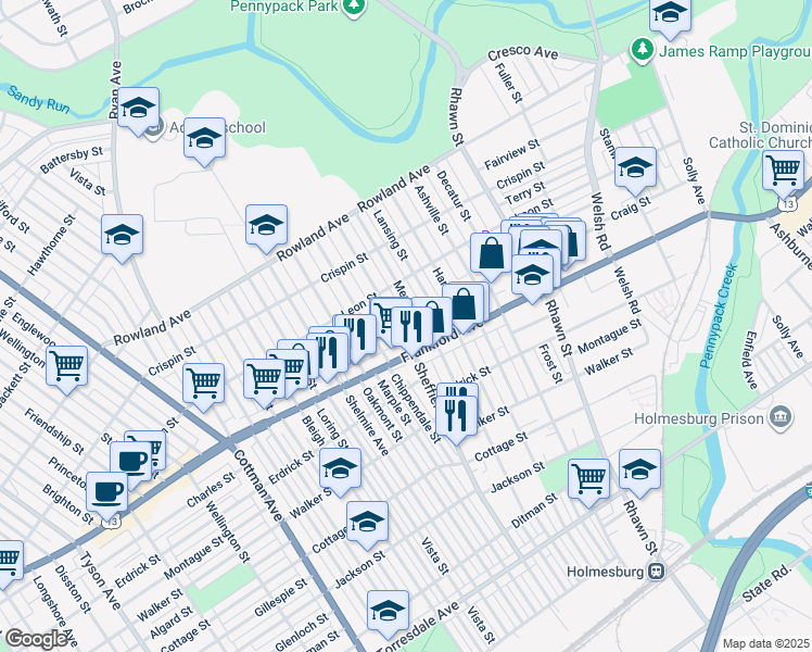 map of restaurants, bars, coffee shops, grocery stores, and more near 3551 Sheffield Avenue in Philadelphia
