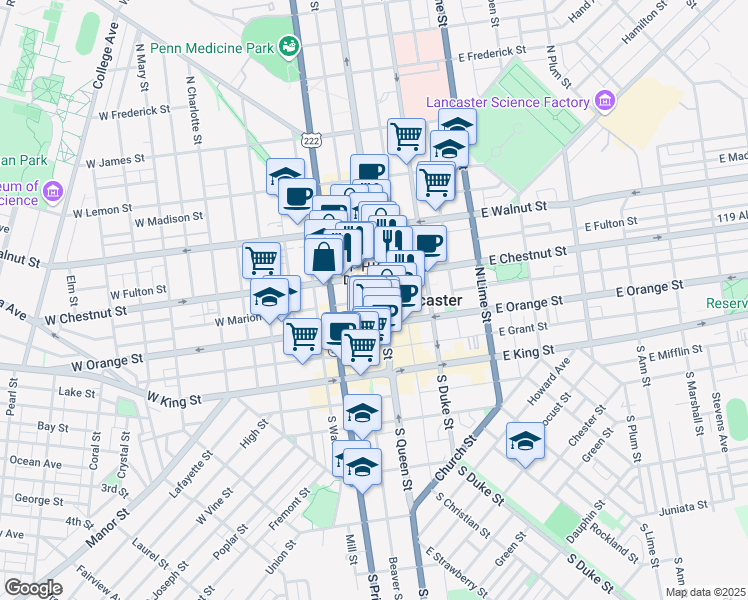 map of restaurants, bars, coffee shops, grocery stores, and more near 150 North Queen Street in Lancaster