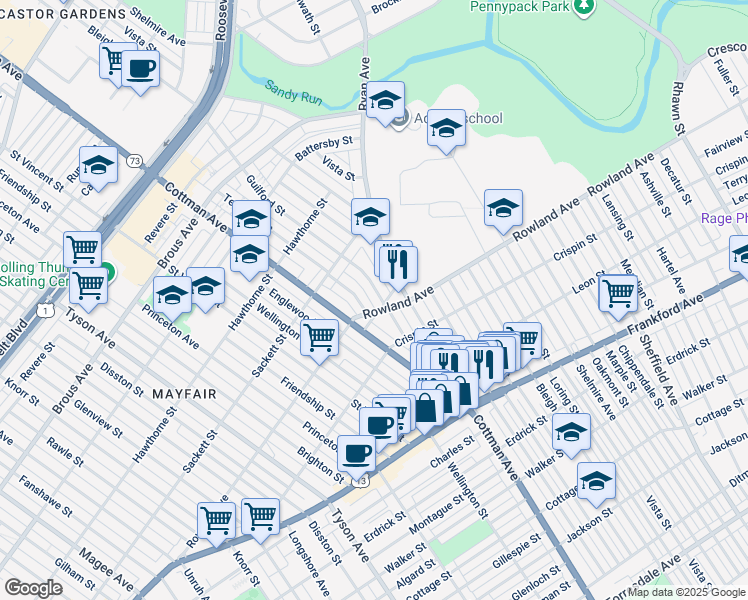 map of restaurants, bars, coffee shops, grocery stores, and more near 3244 Guilford Street in Philadelphia
