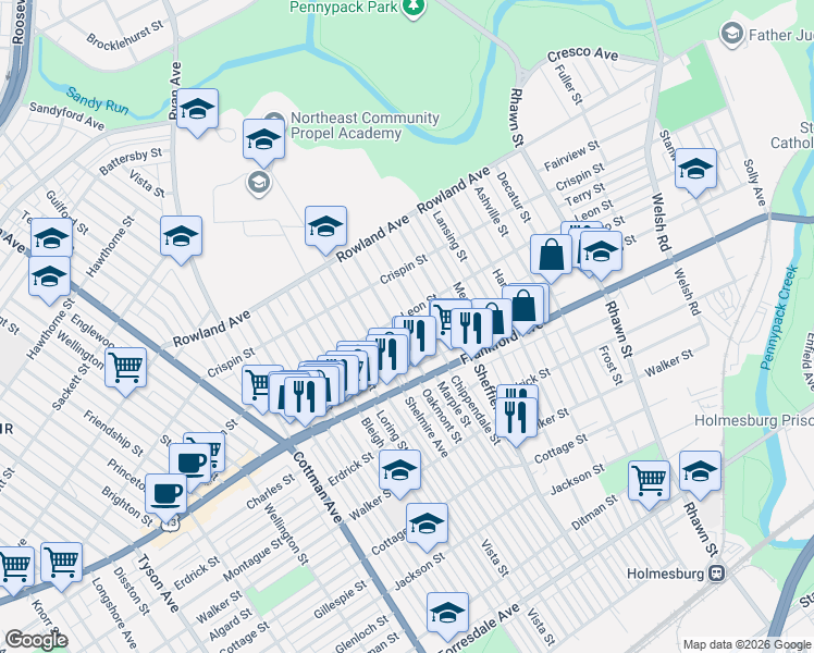 map of restaurants, bars, coffee shops, grocery stores, and more near 3440 Chippendale Street in Philadelphia