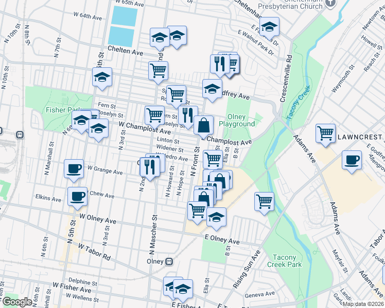 map of restaurants, bars, coffee shops, grocery stores, and more near 5943 North Front Street in Philadelphia