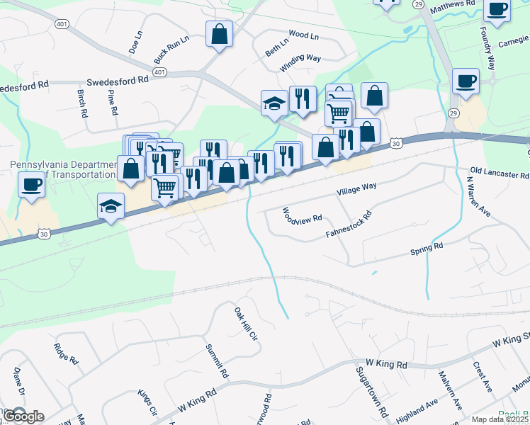 map of restaurants, bars, coffee shops, grocery stores, and more near 101 Fahnestock Road in Malvern