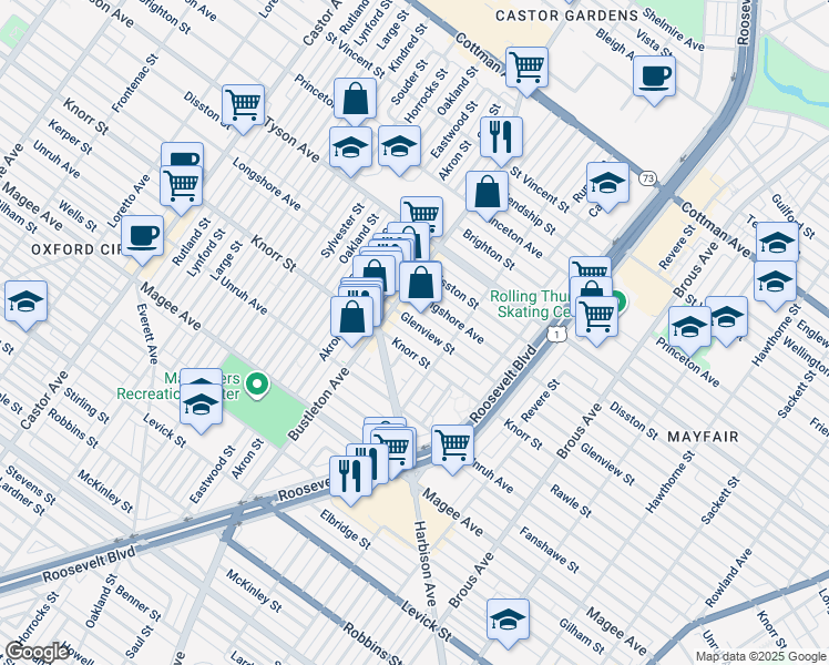 map of restaurants, bars, coffee shops, grocery stores, and more near 2130 Glenview Street in Philadelphia