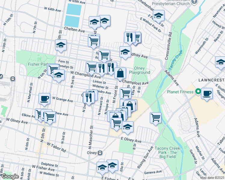 map of restaurants, bars, coffee shops, grocery stores, and more near 108 Widener Street in Philadelphia
