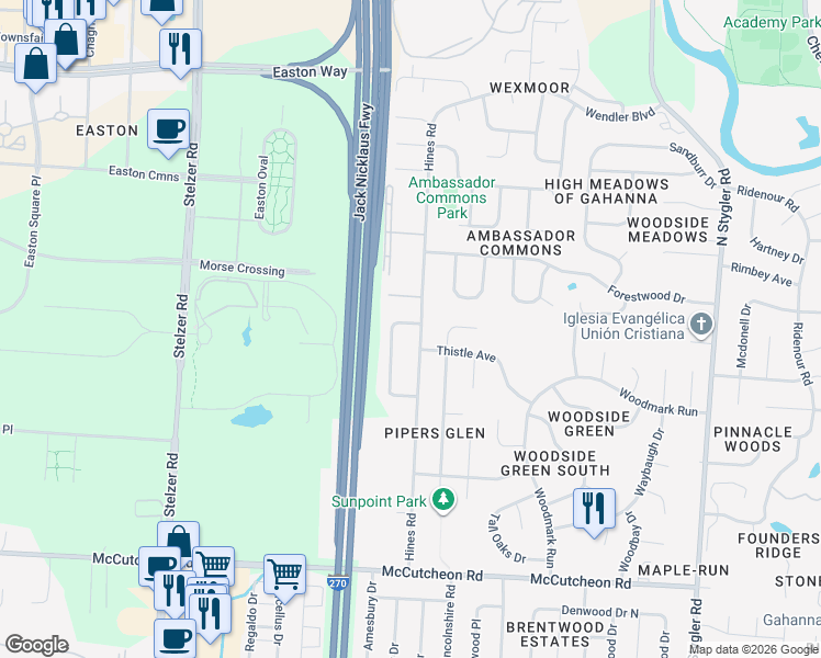 map of restaurants, bars, coffee shops, grocery stores, and more near 4385 Biscayne Court in Gahanna