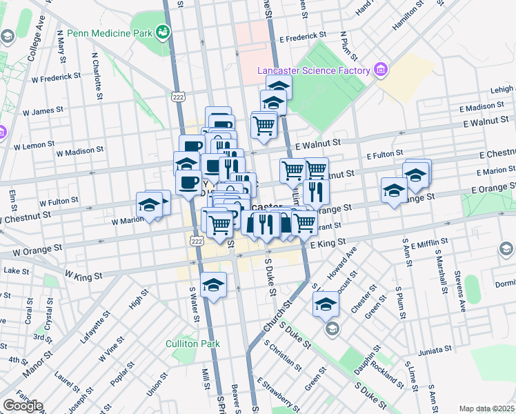map of restaurants, bars, coffee shops, grocery stores, and more near in Lancaster