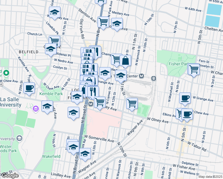 map of restaurants, bars, coffee shops, grocery stores, and more near 5735 North Camac Street in Philadelphia