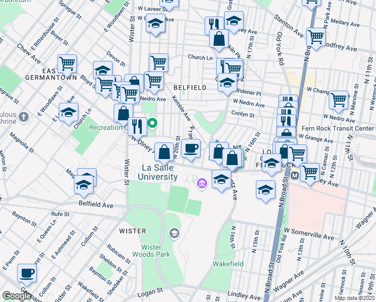 map of restaurants, bars, coffee shops, grocery stores, and more near 5641 North Uber Street in Philadelphia