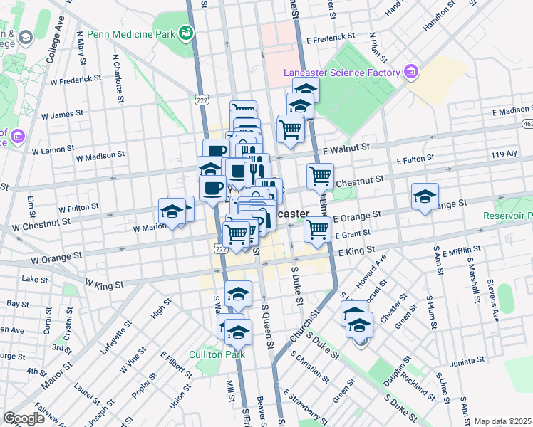 map of restaurants, bars, coffee shops, grocery stores, and more near 101 North Queen Street in Lancaster