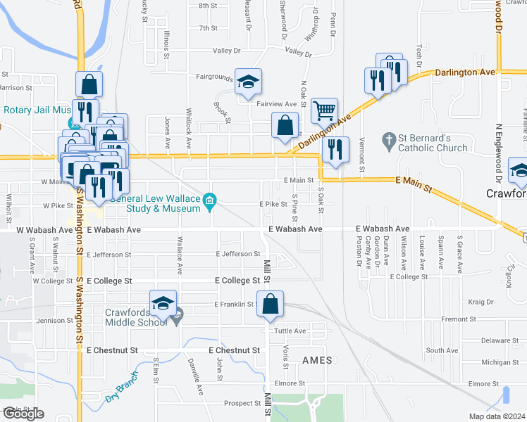 map of restaurants, bars, coffee shops, grocery stores, and more near 204 Woodlawn Place in Crawfordsville