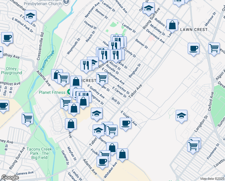 map of restaurants, bars, coffee shops, grocery stores, and more near 582 East Carver Street in Philadelphia